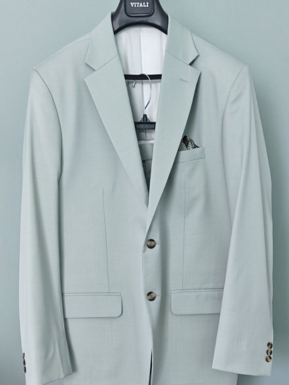 Napolean Stretch Sage Green Wool Suit made by Studio Suits-44L/38W
